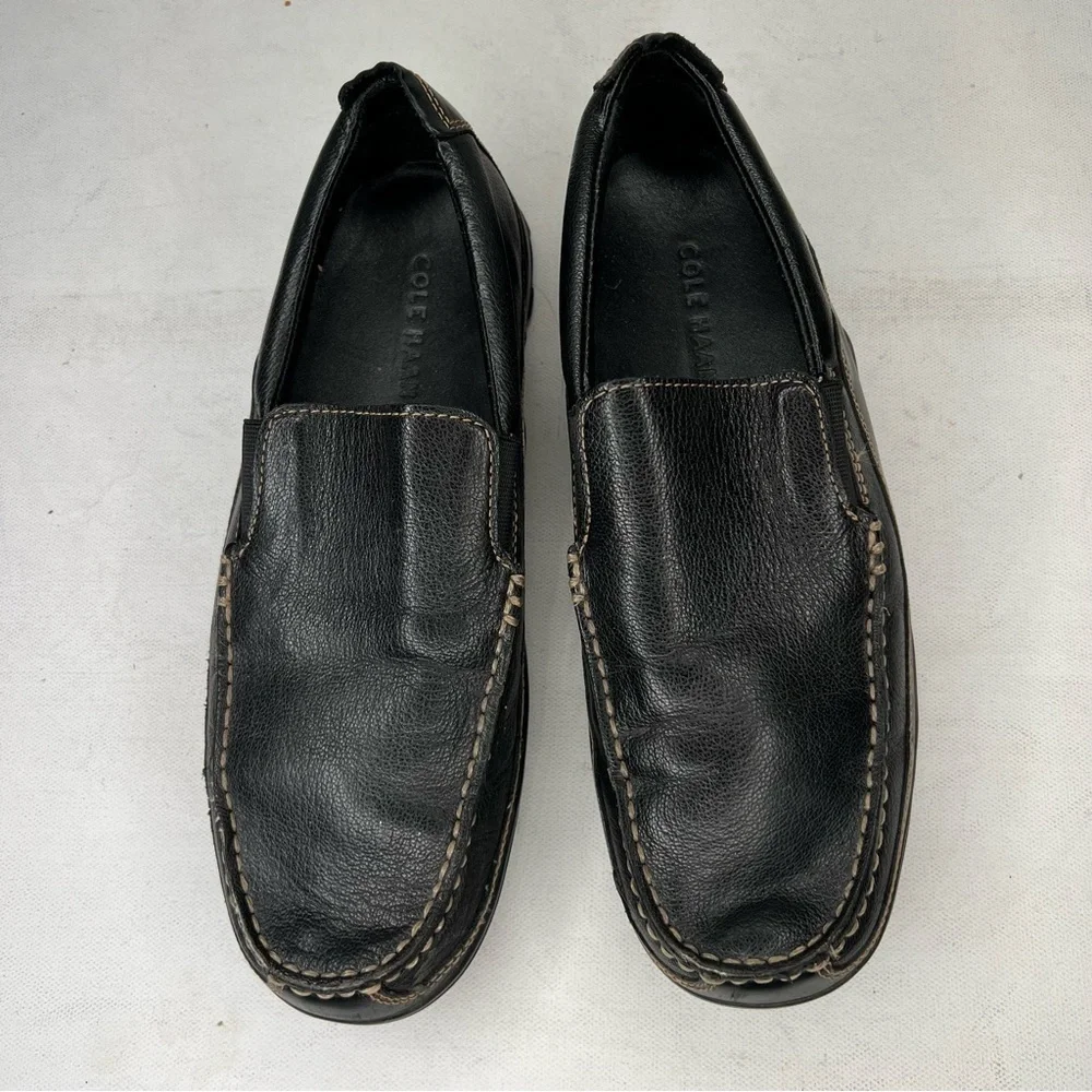 Cole Haan black leather tan stitching slip on loafer